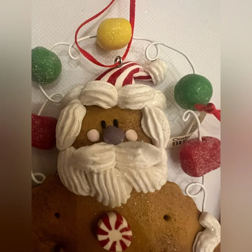Set of 2 Santa gingerbread ornaments icing gumdrop crate & barrel peppermint